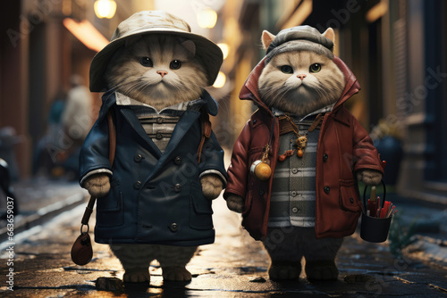 Cats travelers in human clothes on a city street