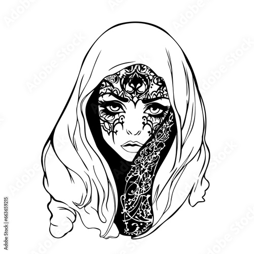 Vector illustration of a woman in hijab. Portrait of a Muslim woman with shit. Logo, icon, print, logo, blank for designers