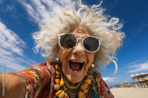 Happy senior old woman having fun, selfie