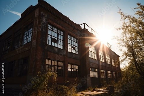 Factory building illuminated by bright sun. Abandoned and in poor condition. Generative AI © Amira