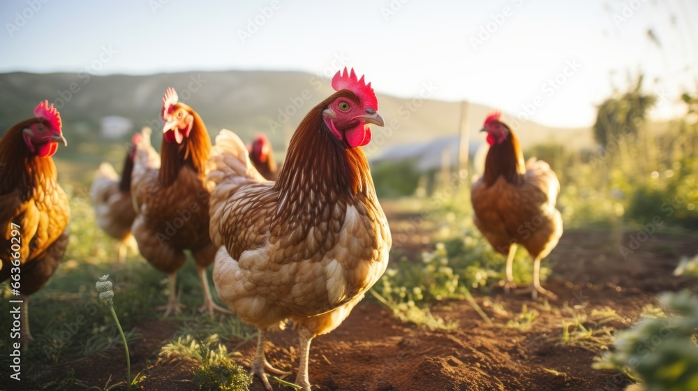 An organic farm with free-range chickens in a rural village