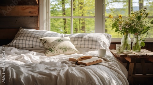 a bed with white bedding and a wooden table next to it