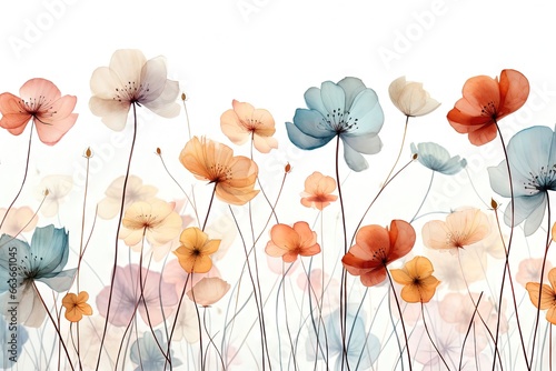 Fleurs de style aquarelle à longue tige en dentelle, motif sans couture isolé sur fond blanc, vecteur, style pinceau aquarelle. IA générative, IA