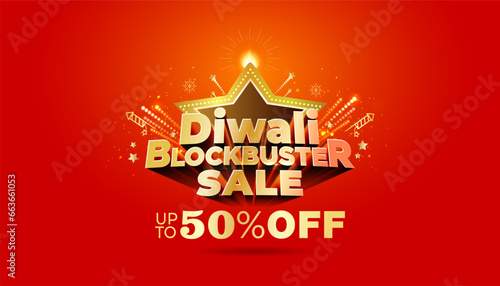 Diwali festival of India poster design. Sale offers concept. Festive background Vector illustration. upto 50% off text.