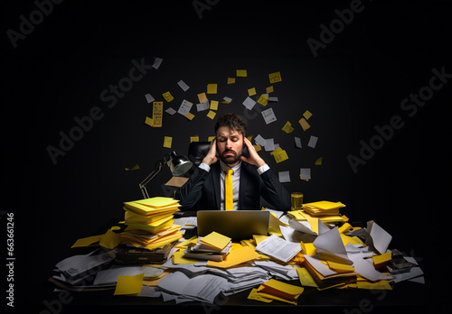 Tired businessman holding his aching head. Too much work. Stacks of documents on the table. Sticky office stickers in the background. Laptop on table. Dark Background yellow details. Generative AI