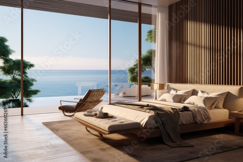 Beach Tropical living & Sea view bedroom for Vacation and Summer an interior design Generative by AI photo