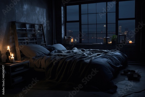 penthouse bedroom at night, dark and gloomy, A room with a view of the city of lighting, focus from balcony from the bed AI Generative