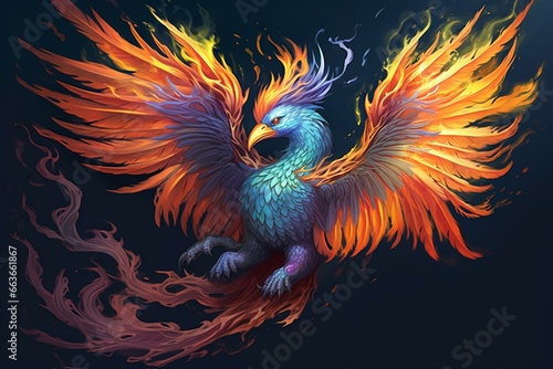 A mythical bird with vibrant feathers that rises from its own ashes. Generative AI © Evander