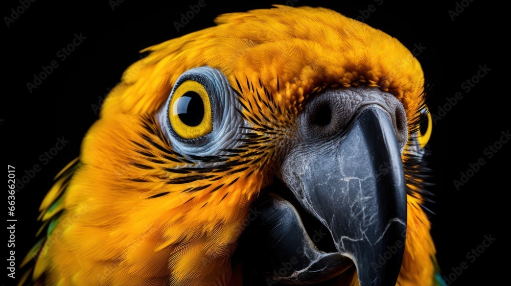 Fototapeta premium Close-up of a golden-yellow-black parrot. Isolated on black background.