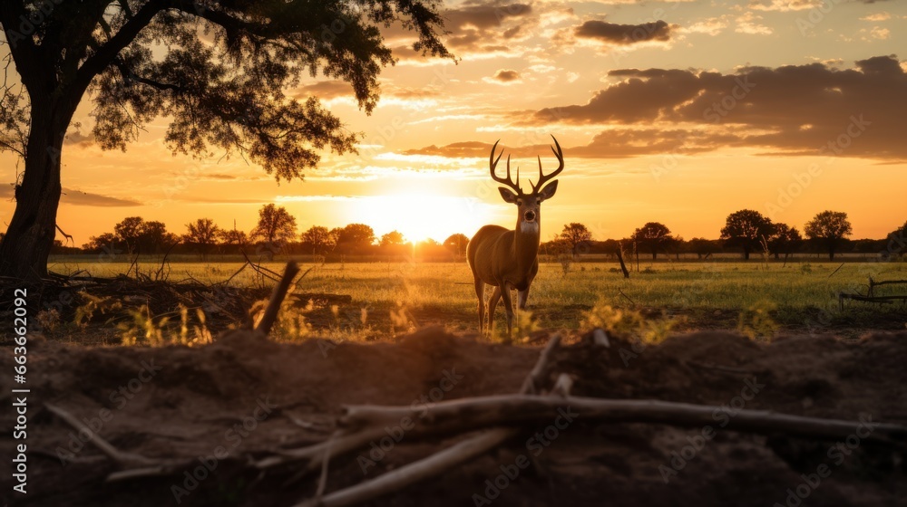 Silhouette of white tailed deer of Texas farm, sunset, natural light - obrazy, fototapety, plakaty 