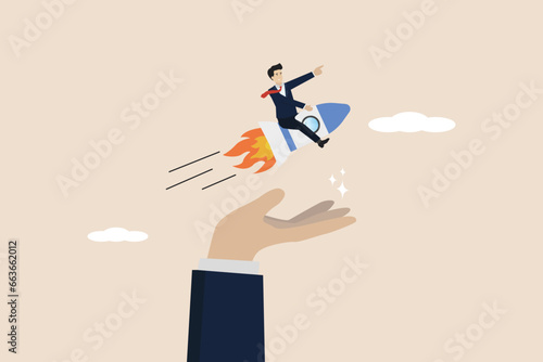 Venture capital for startup companies, helping small entrepreneurs launch project concepts, confident entrepreneurs riding the company launch rocket in the hands of supporters.