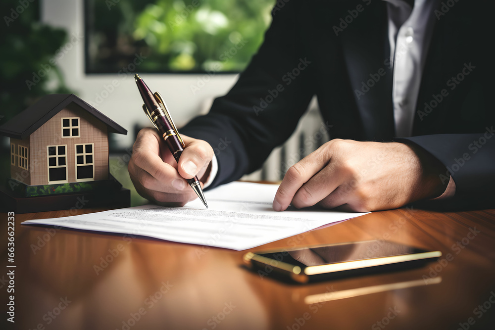Businessman in a suit signs a contract for the purchase of a property Businessman in a suit signs a contract for the purchase of a property