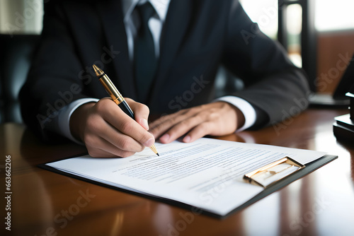 Businessman in a suit signs a contract for the purchase of a property © Seegraphie