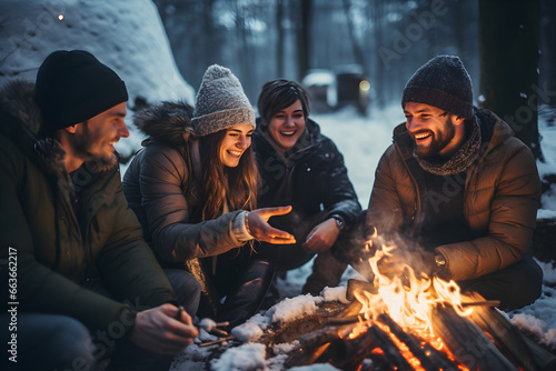 Winter Camping Trip, Friends Bonding Around a Cozy Campfire in the Woods