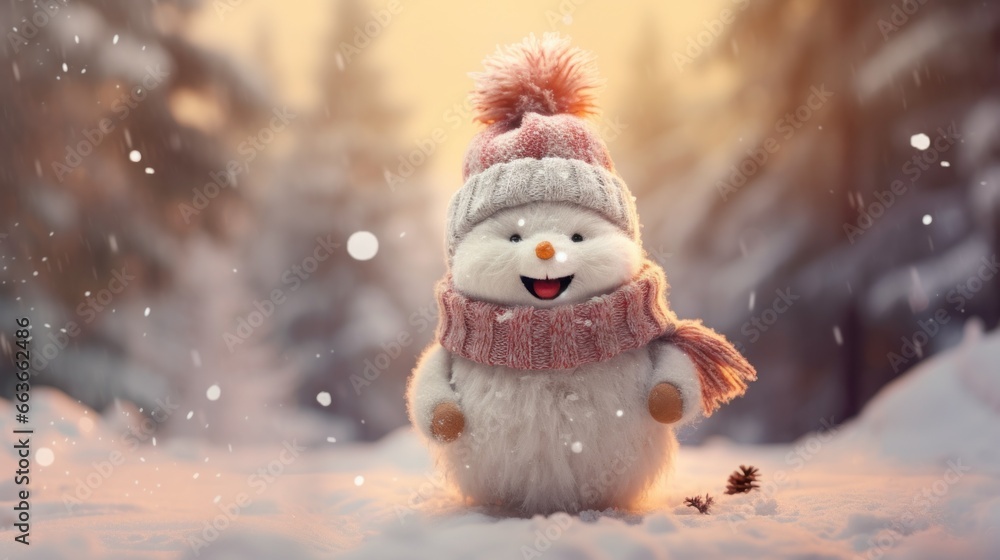 Close-up of a funny laughing snowman. Cute with a fur hat and scarf On the snowy landscape with bokeh lights Close-up of a funny laughing snowman. Cute with a fur hat and scarf On the snowy landscape with bokeh lights