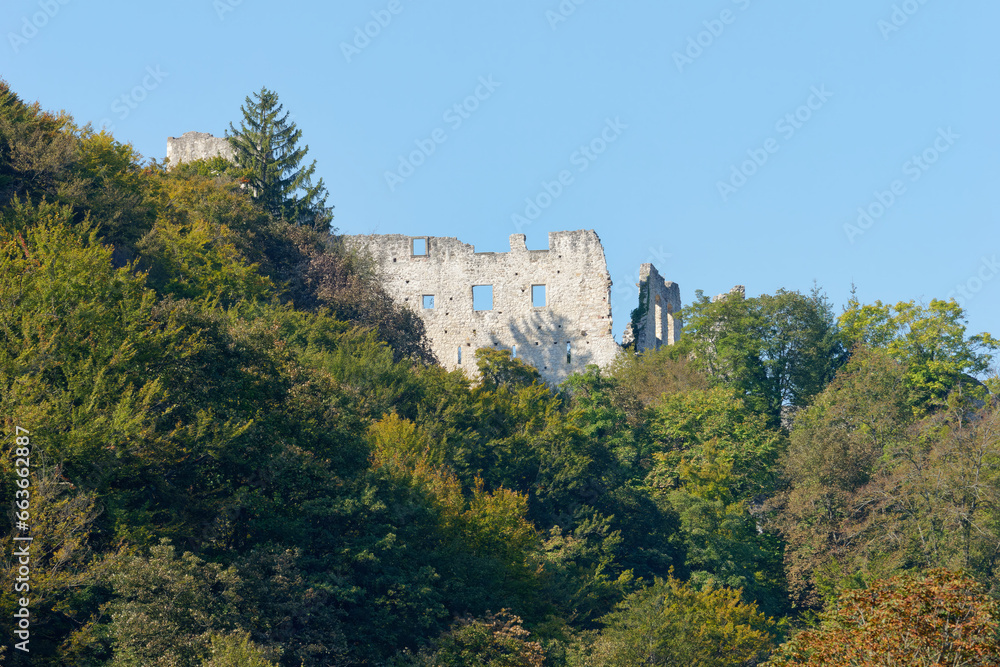 View of the ruins of medieval Samobor Castle  on the hill Tepec in the town of Samobor with a clear blue sky in the background, Croatia