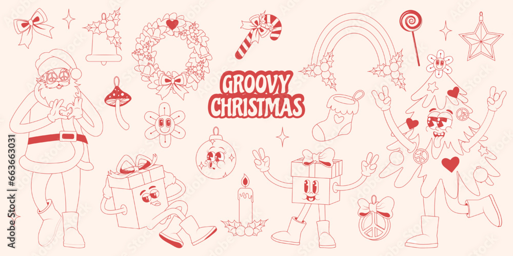  Groovy Hippie Merry Christmas and Happy New year set of cartoon characters and elements. Collection of funny retro stickers. Monochrome, sketch.