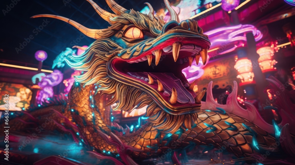 Fototapeta premium Golden dragon with colorful neon lights