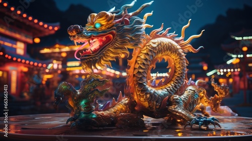 Golden dragon with colorful neon lights