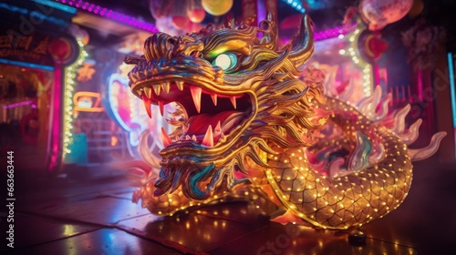 Golden dragon with colorful neon lights © somchai20162516