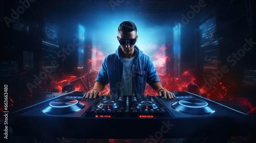Modern 3D rendering of DJ with headphones in studio