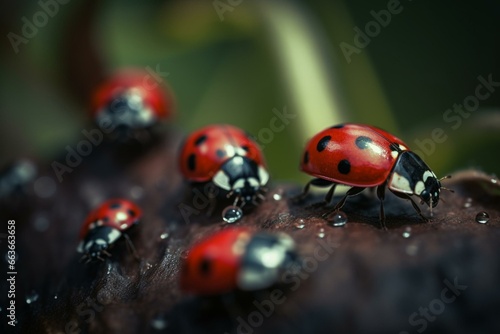 Beautiful macro photograph of a ladybug gathering in nature  with stunning bokeh and intricate details captured with an ultra-wide lens. Generative AI