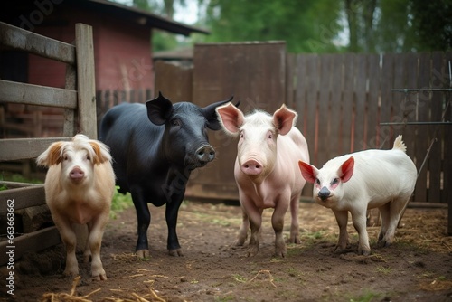 Animals happily coexist: cow, pig, chicken in barnyard. Generative AI