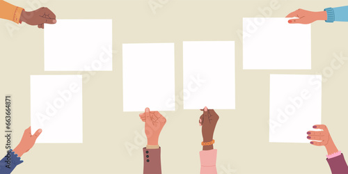 Human hands holding blank white sheet papers. Hand drawn vector illustration isolated on light background. Flat cartoon style.