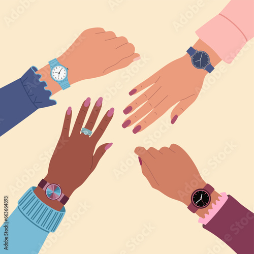 Four female hands with wrist watches. Modern accessories for women. Hand drawn vector illustration isolated on light background, flat cartoon style.