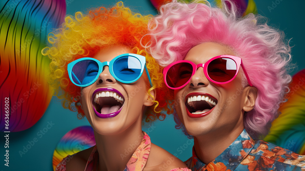 Young positive women in wigs celebrating birthday party, bright makeup pink hair sunglasses, pink wig, glamor stylish glasses color background unaltered, smiling and laughing, April Fools' Day