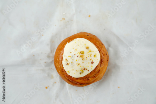 Cinnamon Roll isolated on grey background top view of french breakfast baked food item