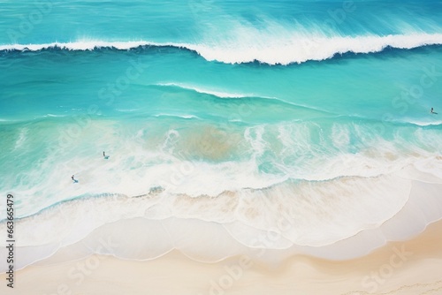 An aerial view of a serene beach scene in summer, featuring a clear turquoise sea and pristine white sand. Generative AI