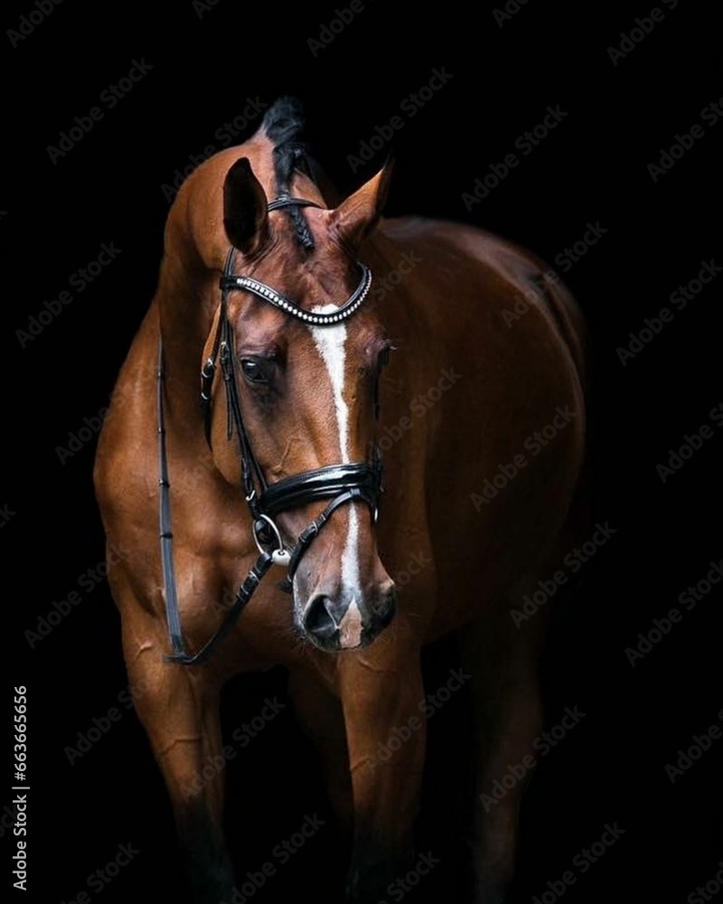 Fototapeta premium Elegant horse portrait on black backround. horse head isolated on black. Portrait of stunning beautiful horse isolated on dark background. horse portrait close up on black background. Studio shot .