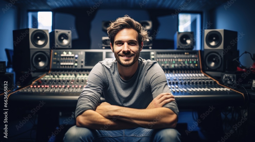 Smiling producer sitting with arms crossed in music studio surrounded by sound equipment. Smiling producer sitting with arms crossed in music studio surrounded by sound equipment.