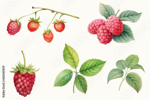 Collection of raspberry materials: fruit, leaf, and branch, rendered with watercolor technique. Generative AI