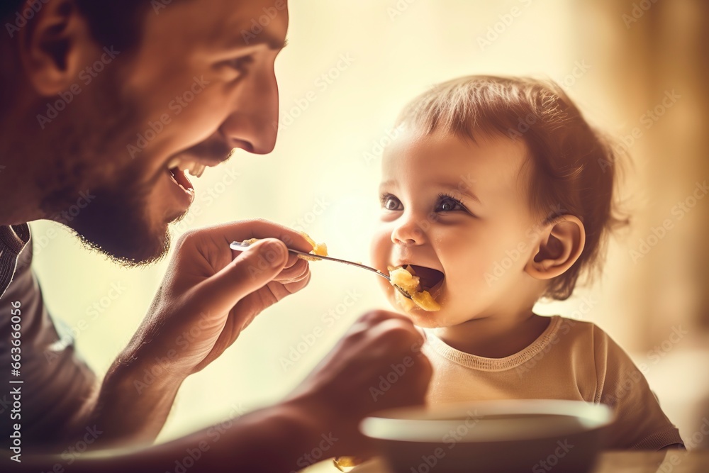 Father feeding his little son in a family scene. Father feeding his little son in a family scene.