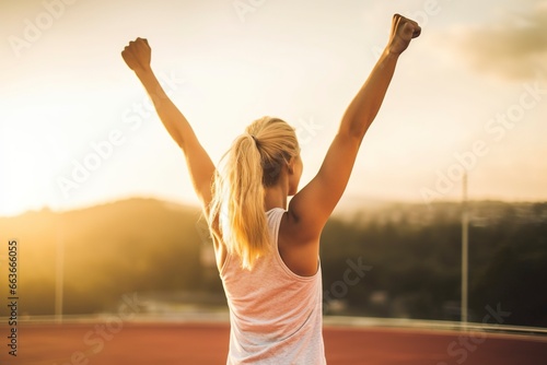 From behind, a young woman raises her arms after training her sport, a concept of success and motivation in female sports. photo