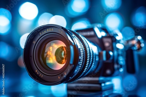 Detail of a professional camera, close-up of the telephoto lens and blurred background with beautiful bluish bokeh.