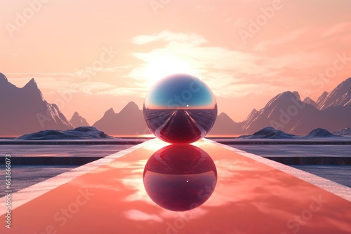 Futuristic image  a polished metallic sphere on a track  in front of a mountain range.