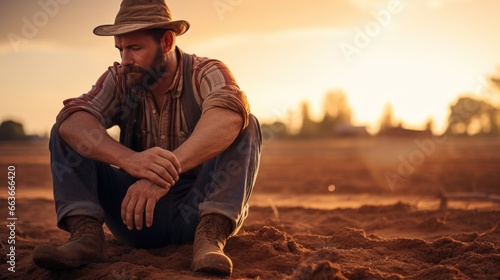 The farmer looked thoughtfully. Sit on dry, quiet ground. with orange sunlight shining down