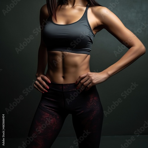 Cropped shot of sportive woman in black sportswear having workout at industrial gym. Healthy lifestyle, body goals concept