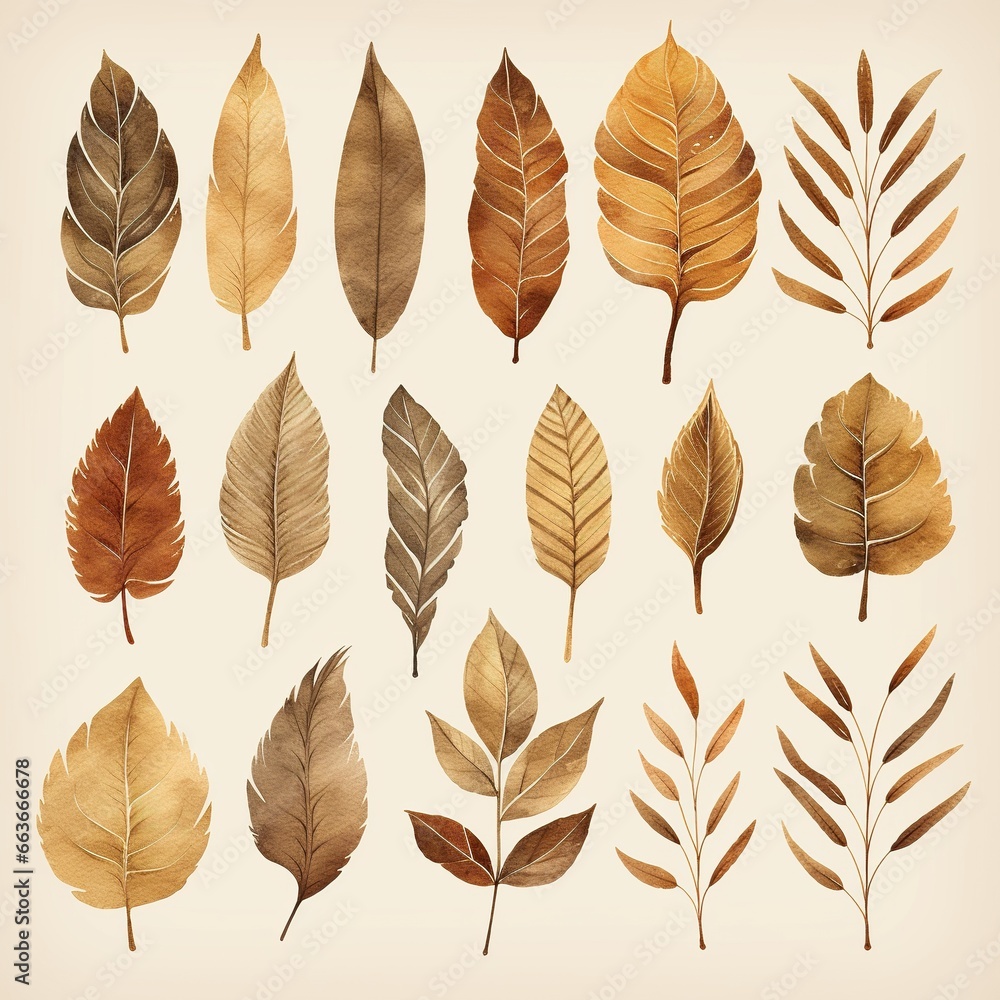 Abstract watercolor collection of autumn leaves in boho style