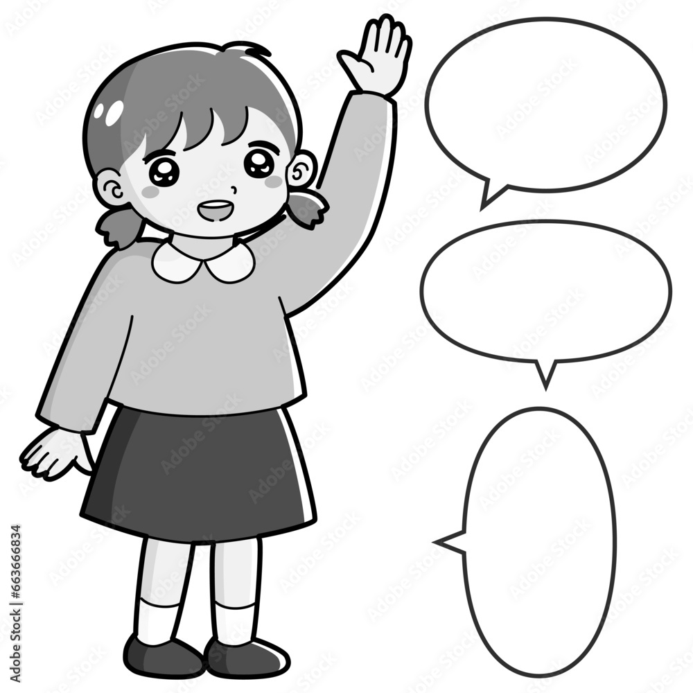 手を挙げる女の子のイラスト(吹き出し付き)白黒 手を挙げる女の子のイラスト(吹き出し付き)白黒