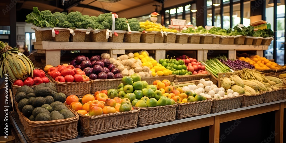 Fototapeta premium Fresh vegetables and fruits on table in grocery supermarket