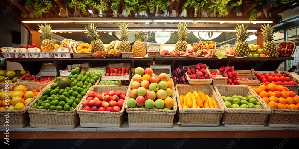 Fresh vegetables and fruits on table in grocery supermarket