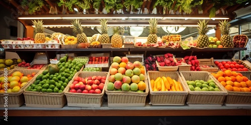 Fresh vegetables and fruits on table in grocery supermarket