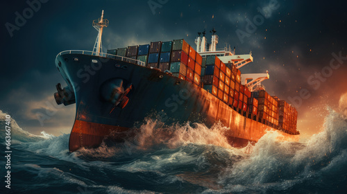 Cargo ship in the middle of a storm on sea, Illustrate the impact of a global recession on international trade.