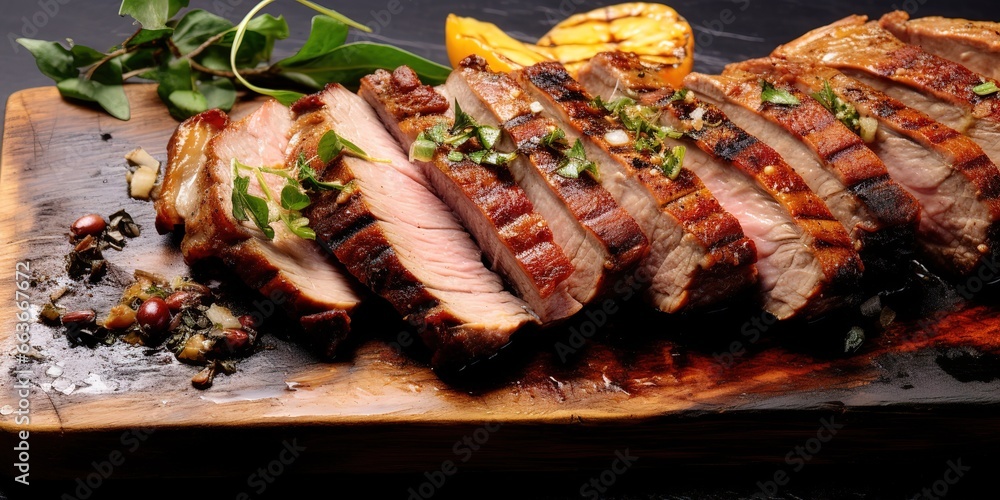 Grilled roast beef slices on wooden plate Black background. - obrazy, fototapety, plakaty 