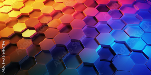 A colorful hexagon background with a rainbow pattern. Modern Scene Concept 3d Illustration Of Abstract Technology Background With Hexagonal Pixel Blocks. AI Generative