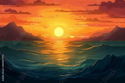 Illustration of a sunset over the sea. Generative AI